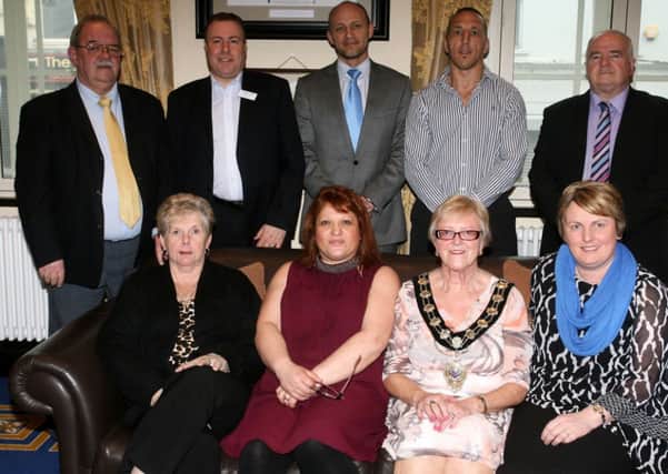 Mayor of Ballymena, Cllr. Audrey Wales, is pictured with guests, (seated from left) Margaret McKeown, Gillian Forrest, Melanie Christie Boyle; (Back row from left) Brian Holmes, Tommy Dallas, John McLeister, Rodney Moore and Cllr. Martin Clarke, and the Youth Awards in The Braid last week. INBT15-203AC