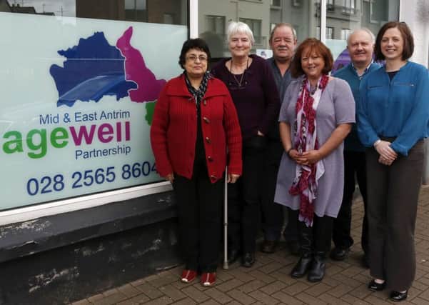 Members of the Mid & East Antrim Agewell Partnership and Good Morning Ballymena outside their new offices in Queen Street. L-R, Anne Mark, Anne Cuthbert, Brian Holmes (MEAAP Director), Debbie Chestnutt (Good Morning Ballymena Co-ordinator), Kenneth Wilson (MEAAAP Director), Deirdre McCloskey (MEAAP Project Development Officer). INBT 16-106JC