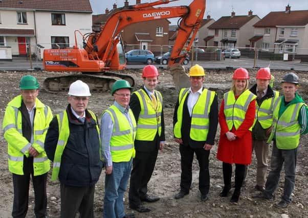 The Mayor  of Derry Councillor Martin Reilly, on a visit to the site for the new urban park at Inveroe Gardens, Creggan, accompanied by (from left), Alex Darragh, contractors M.P. Coleman,  local Councillors Jim Clifford and Kevin Campbell, Colin Kennedy, Derry City Council Parks Development manager, Pauline Campbell, Department for Social Development, Xavier Jeane, Landscape architect and Sean McGonigle, Triax. 1514-5434MT.