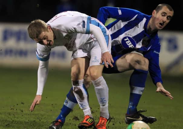 Alan Teggart, pictured here with Coleraine's David Ogilby, kept up his impressive penalty-taking record with an injury-time equaliser in Saturday's 'derby'. Picture: Press Eye.