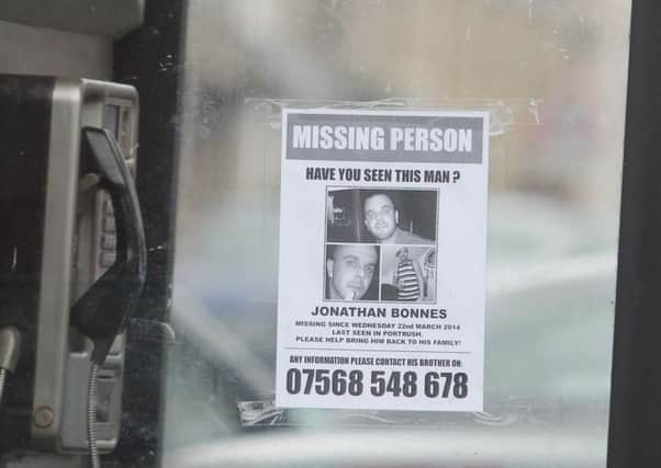 Posters of missing  Ballymena man Jonathan Bonnes at a telephone kiosk in Portrush over the weekend.PICTURE MARK JAMIESON.