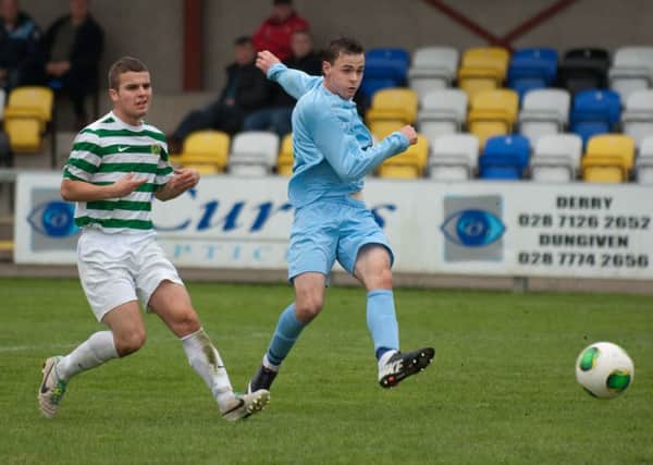 Institute's Darren McCauley fires in a shot at goal during Saturday's match against Donegal Celtic. INLS4213-162KM