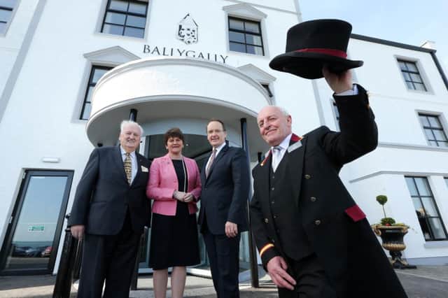 Enterprise, Trade and Investment Minister Arlene Foster today officially announced a £3million expansion at Ballygally Castle near Larne, by Hastings Hotels.
 
Pictured, left to right,
Sir William Hastings, Group Chairman, Hastings Hotels; Enterprise Minister, Arlene Foster; Howard Hastings, Managing Director of Hastings Hotels and concierge, Jackie Galbraith.