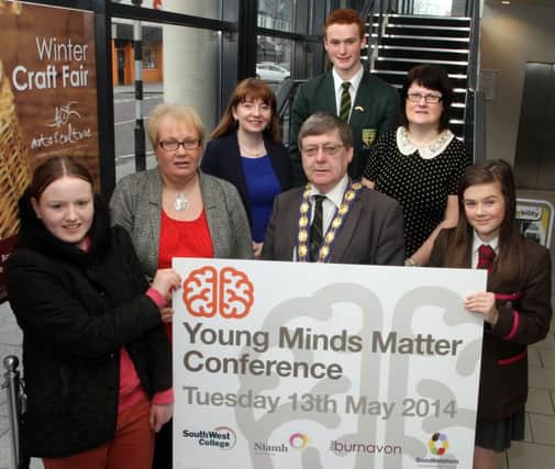 Pictured at the launch of the Young Minds Matter conference are Pearse McAleer, chairman of Cookstown District Council and Joanne Lucas, campus manager of the South West College in Cookstown.