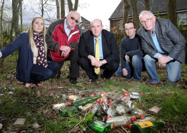 Alderman William Leathem, centre, with Rhoda Walker, DUP, Richard Haggan, chair of Windermere Community Association, Jonathan Corry, chair of North Lisburn Community Investment, and Frankie O'Neill, vice chair of Windermere Community Association, have raised concerns about anti-social drinking in the Windermere area leaving a large number of bottles and broken glass close to a children's play park. US1416-532cd Picture: Cliff Donaldson