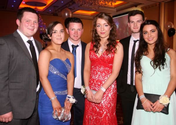 Colin McVicker, Jane Cubbitt, Alan Adams, Catherine Watson, Nathan Dickey and Ruth McIntyre posing at the Cullybackey College formal. INBT16-223AC
