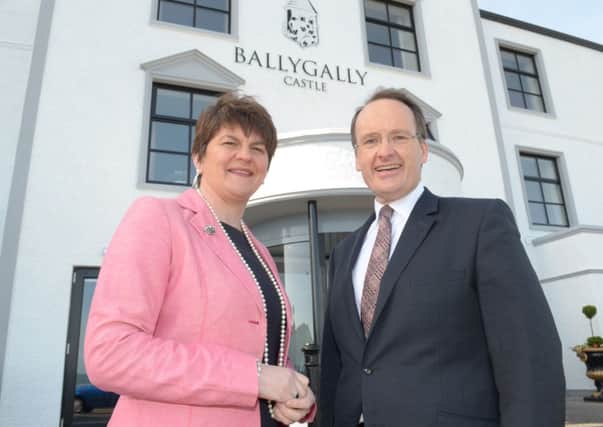 Howard Hastings welcoming the Minister for Trade, Industry and Tourism, Arlene Foster, to the Ballygally Castle Hotel. INLT 16-452-PR