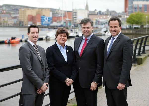 Enterprise Minister Arlene Foster on Thursday (April 17) announced that 333 new jobs are being created in Londonderry as a result of an investment by Convergys Corporation.  Convergys is to set up a customer service centre in the city in collaboration with its client EE, an investment which Invest Northern Ireland is supporting with an offer of £1.5 million.  Pictured, left to right: Scott McGimpsey, Principal Network Delivery Manager, EE; Enterprise Minister, Arlene Foster; Alastair Hamilton, Chief Executive, Invest NI and Mike Wooden, Convergys Chief Commercial Officer.