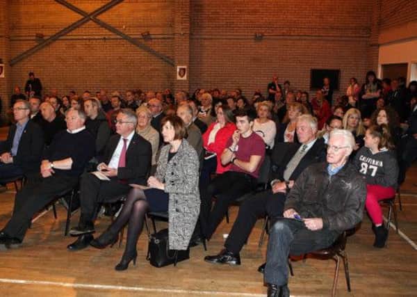 The main hall at the Academy Sports Club was packed on Wednesday night for the No-Arc21 public meeting to discuss the Hightown incinerator plan. Those behind the proposal, arc21 and Becon, were not represented at the meeting. Pic by Freddie Parkinson