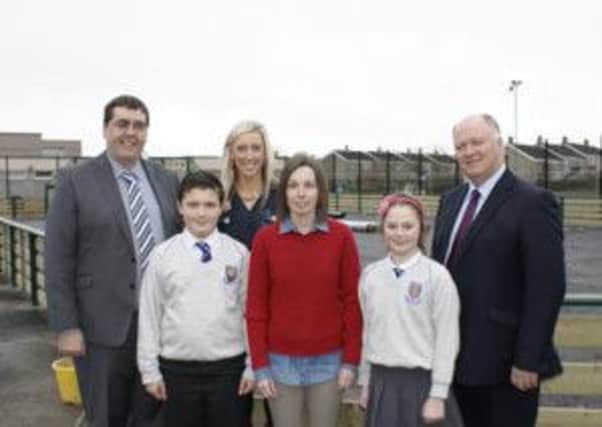 Mrs Thompson (acting VP at Dickson) and pupils Alex Archer and Sophie Anderson with the DUP trio of Stephen Moutray, Carla Lockhart and David Simpson.