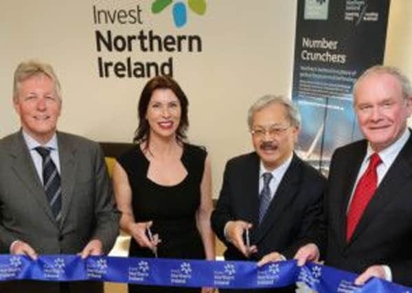First Minister, Peter Robinson, Áine Brolly, Senior Vice President of Business Development West Coast, Invest NI, Edwin Lee, Mayor of San Francisco, deputy First Minister Martin McGuinness at the official opening of Invest NI's new San Francisco office.