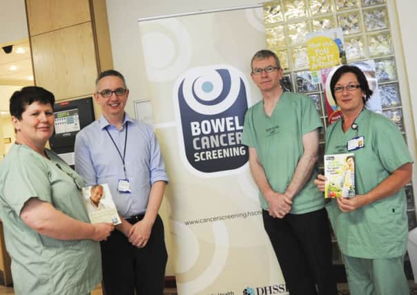 Pictured at Altnagelvin Hospital raising the profile of Bowel Cancer Screening during Bowel Cancer Awareness Month are from left to right are: Maria McGowan, Western Trust Endoscopy sister and Specialist Screening Practitioner; Dr Graham Morrision, Consultant Gastroenterologist; Marian Purser, Western Trust Endoscopy sister and Specialist Screening Practitioner and Dr William Dickey, Clinical Lead in Gastroenterology and Endoscopy, Western Trust.