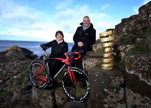 Enterprise, Trade and Investment Minister, Arlene Foster, is pictured with Stephen Roche, who was today inducted into the Giro dItalia Hall of Fame. The Giro dItalia Big Start will take place from 9th to 14th May across Belfast, the Causeway Coast and Glens and Armagh before finishing in Dublin.  Photo by William Cherry/Presseye