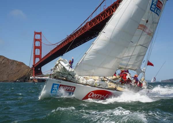 The Londonderry sails under the Golden Gate bridge.