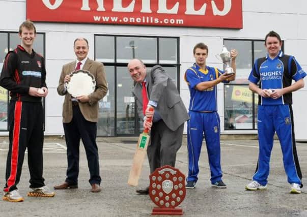 Ryan Patton (Strabane), Warren Deutrom (CEO Cricket Ireland), Kieran Kennedy (MD O'Neills), Andrew McBrine (Donemana) and Trevor Britton (CIYMS). INLS17-Cricket O'Neills