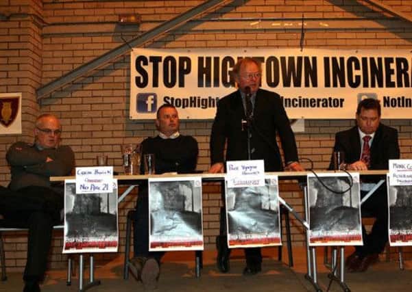 Pictured (l-r) at the public meeting to discuss the arc21 Hightown waste incinerator plan are Barry Macaulay, Mallusk Community Action Group, Colin Buick, No-Arc21, Professor Vyvyan Howard, University of Ulster, and Cllr Mark Cosgrove. Pic by Freddie Parkinson