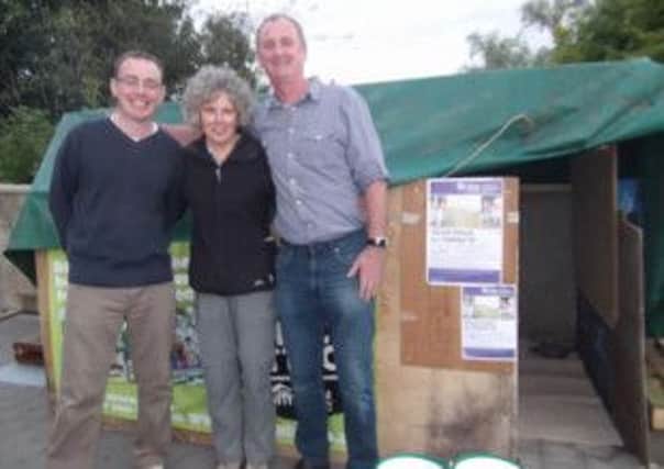 Thomas Hamill, Caitriona Hughes and Pat McDaid from Magheralin Parish who took up the challenge of building a shack and camping out overnight to raise funds for Habitat NI.