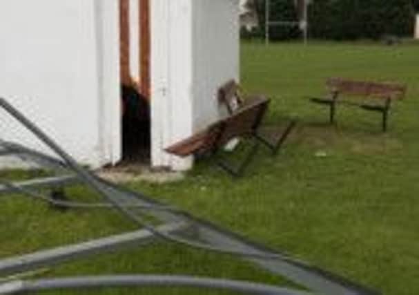 Damage to the score hut and covers at Lurgan Cricket Club.