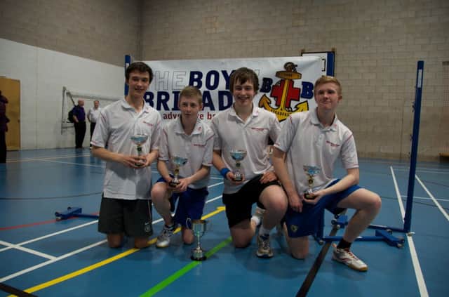1st Garvagh Boys' Brigade who are the BB National Badminto winners for 2014, pictures are Paul Moore,Jamie Cunningham, Michael Torrens and David Moore.