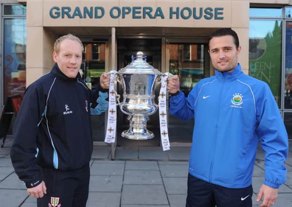 Dwayne Nelson pictured with Linfield goalkeeper Jonny Tuffey at the press launch for this year's Irish Cup. Picture: Press Eye.