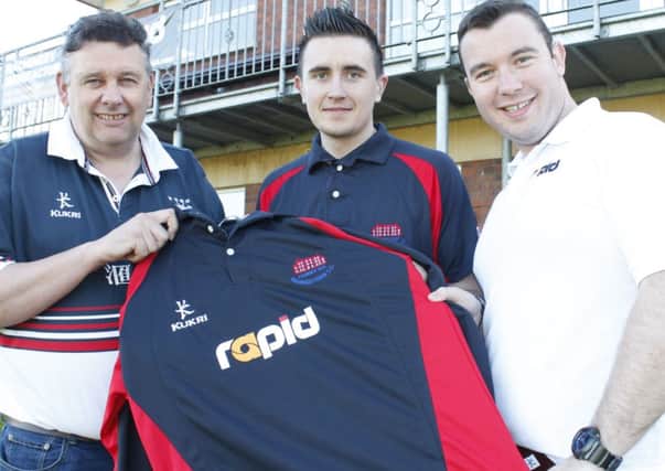 Left: Waringstown Cricket Cub sponsors Terry Jackson, Kukri, left and John Pickering, Rapid International with club captain Lee Nelson. showing off new club kit with sponsors logos.