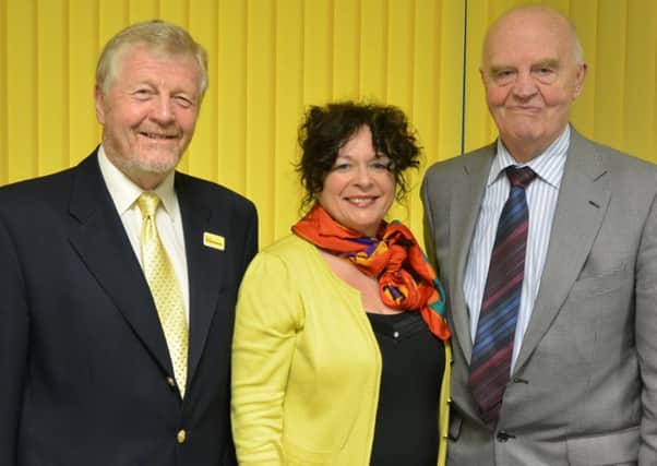Alliance Party candidates for the Larne area in the Mid and East Antrim Council election, Robert Logan, Councillor Gerardine Mulvenna and Councillor Michael Lynch.  INLT 18-681-CON
