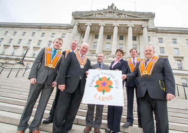 Larne District officers along with Orange Order Grand Master Edward Stevenson; Director of Services Dr David Hume; and Tourism Minister Arlene Foster at the announcement at Parliament Buildings, Stormont, of this year's flagship Twelfth demonstration in Larne. INLT 18-650-CON