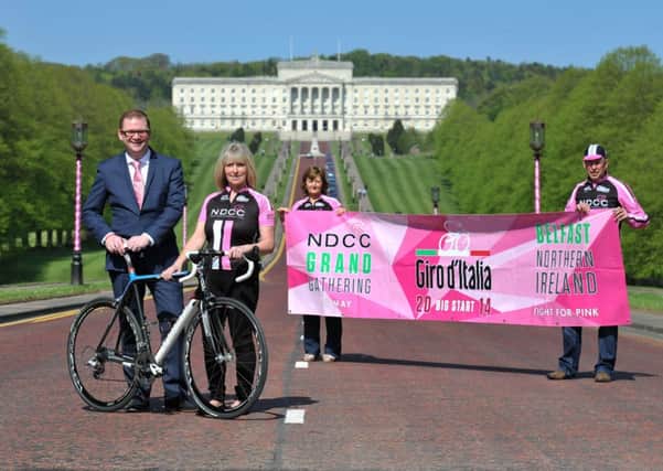 PRESS RELEASE IMAGE

29/4/14: Finance Minister Simon Hamilton joined North Down Cycling Clubs Karen Gray and husband and wife team Ian and Shirley Blayney to launch 'Go Stormont' an Italian themed, free family festival, on the Stormont Estate for the Giro d'Italia cycle race, on 9 May. Picture: Michael Cooper