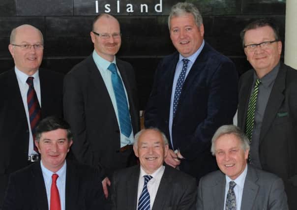 Ulster Unionists candidates pictured after handing in their nomination papers at Lagan Valley Island on Wednesday 23rd April.  L to R: (seated) Cllr James Baird, Ald Jim Dillon and Cllr Brian Bloomfield. (back row) Edgar Laird (Election Agent), Tim Mitchell, Alex Swan and Alan Scott (Election Agent).