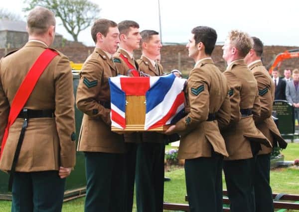 The funeral has taken place of Corporal Geoffrey McNeill (32) of the 1st Battalion The Royal Irish Regiment, found dead in his barracks at Tern Hill, Market Drayton in Shropshire on 8th March 2014.
Colleagues from the 1st Battalion Royal Irish Regiment provided the Guard of Honour at the Church and Graveside let by their Commanding Officer Lieutenant Colonel Ivor Gardiner.