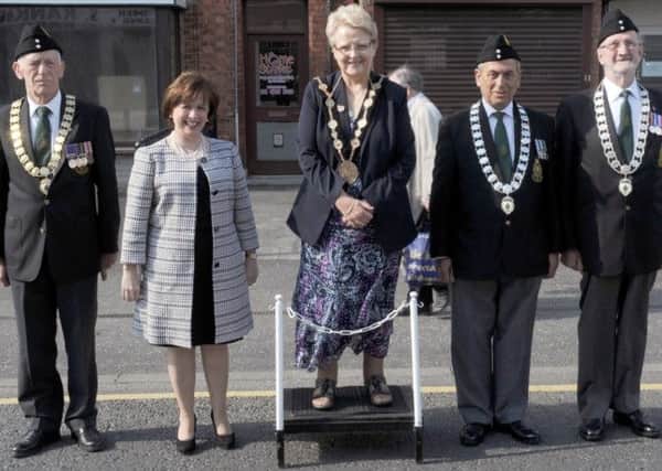 The Mayor of Lisburn Councillor Margaret Tolerton prepares to take the salute with Diane Dodds MEP, George Beacon (President of the Ulster Special Constabulary Association), Raymond McMichael (Chairman of the Ulster Special Constabulary Association) and Bill Brown (Vice-Chairman of the Ulster Special Constabulary Association).