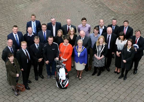 Tourism Minister Arlene Foster is pictured along with the Mayor of Ballymena, Cllr. Audrey Wales, European Tour winner Michael Hoey and sponsors at the launch of the NI Open at Galgorm Castle Golf Club. INBT19-208AC