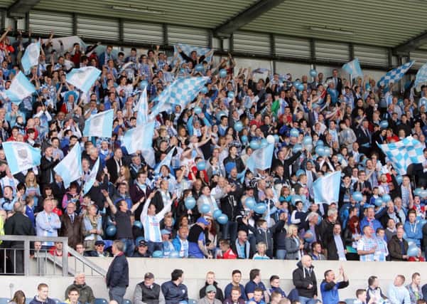The Kop stand packed with Ballymena United fans cheering on their side in the Irish Cup final. INBT19-256AC