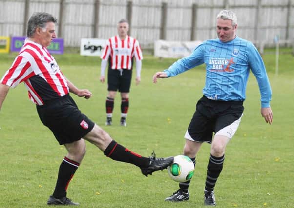 James 'Sticky' Steele and Felix Healy in action during the charity football at Portstewart FC  on Sunday for Tiny Life. INCR19-159MJ