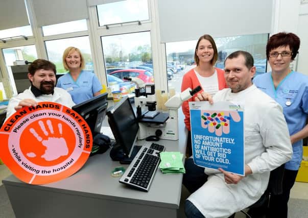 Staff from the Southern Health and Social Care Trust, Dr Martin Brown, Consultant Microbiologist, Denise McDonagh, Infection Control Nurse, Ann McCorry, Lead Antimicrobial Pharmacist, Vincent Mawhinney, Biomedical Scientist and Kate Kelly, Infection Control Nurse have teamed up to promote the importance of hand hygiene in combatting antimicrobial resistance.