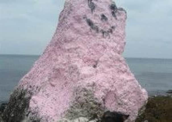 Ballygally's Bear Rock, which was covered in pink paint by vandals. Photo by Bill Guiller. INLT 19-703-con.