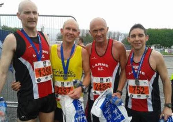 Larne Athletic Club's Phelim McAllister, Sammy Drummond, Billy Thompson and David Noble all broke the three-hour barrier in Monday's Belfast City Marathon. INLT 19-909-CON
