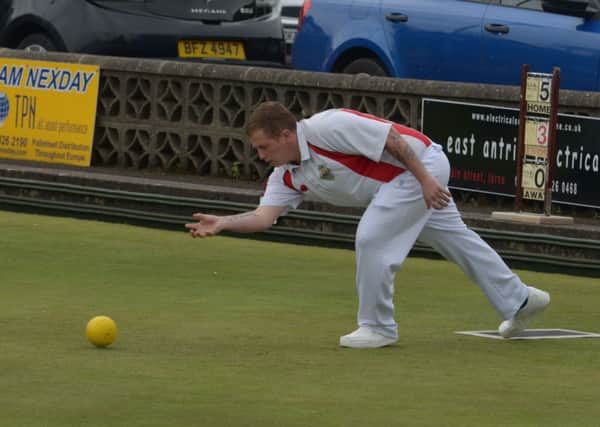 Nigel Todd bowling for Larne in the match with Dunbarton. INLT 19-433-PR