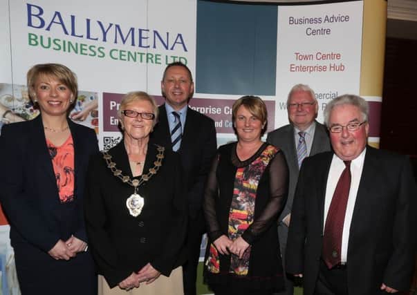 Left to Right: Jan Young, Ballymena Branch Manager, Bank of Ireland UK; Cllr. Audrey Wales MBE, Mayor of Ballymena, Ballymena Borough Council; Sean Sheehan, Regional Manager NI, Bank of Ireland UK; Melanie Christie Boyle, Chief Executive, Ballymena Business Centre; James Perry, Vice Chairperson, Ballymena Business Centre and Ald PJ McAvoy, Chairperson, Ballymena Business Centre.