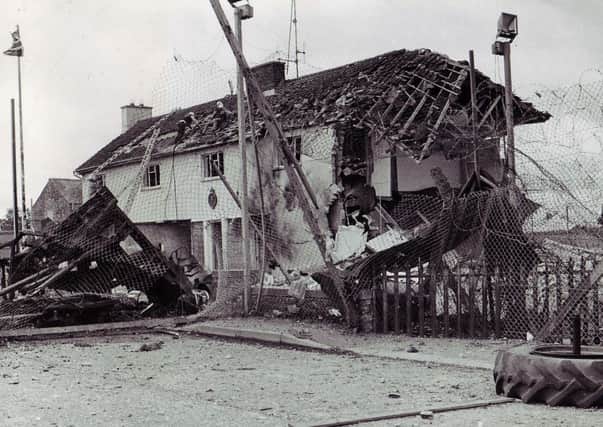 Loughgall Police Station after the gun and bomb attack in 1987 which left 8 IRA men and an innocent passer by dead, all killed by an SAS unit which was lying in wait. Photo by Tony Hendron. INPT50-225.