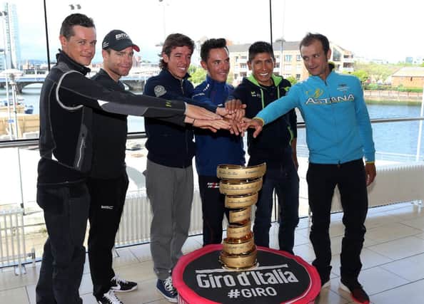 07th May 2014  Photo by William Cherry/Presseye

Nicholas Roche, Cadel Evans, Rigoberto Uran, Joaquin Rodriguez, Nairo Quintana and Michele Scarponi pictured at Wednesday afternoon's Giro d'Italia Press Conference at the Waterfront Hall, Belfast.