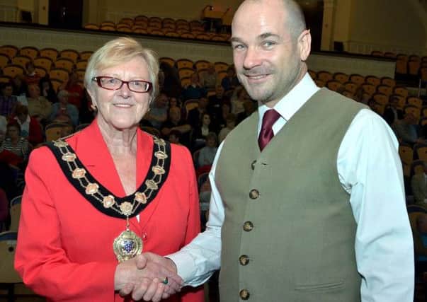 Welcomed on stage to the Braid Arts Centre last week by Ballymena Mayor Audrey Wales was Family Tree DNA expert Dr Gleeson. INBT 19-807H