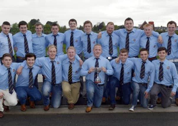 Banbridge U19 Rugby Team, winners of the Ulster Carpets Youth Roland Barr Trophy, included is Club President Noel Thompson and Coach Marc Eadie © Edward Byrne Photography INBL19-249EB