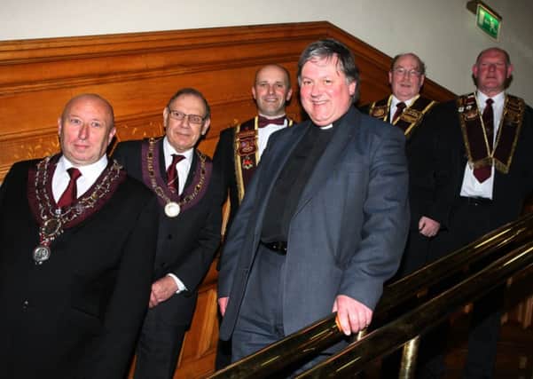 Pictured at Saturday night's Banquet in the Guildhall, are front, Very Rev. Dean Morton, Dean of Derry, with from left, Governor Jim Brownlee, Lt. Governor Ronnie McCausland, Kenneth Kincaid, President Mitchelburne Club, Alwyn Ferguson, Baker, Parent Club and Billy Moore, General Secretary, Apprentice Boys. INLS2014MC019