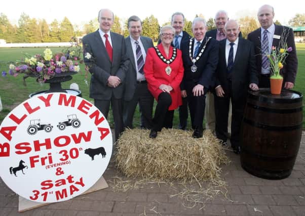 Mayor of Ballymena, Cllr. Audrey Wales, Deputy Mayor, Cllr. James McClean, Cllr. Declan O'Loan, Ald. William McNeilly, Cllr. Billy Henry and Ald. Robin Cherry who attended the Ballymena Show launch along with committee members Bertie McWhirter (past president) and Robert Dick (Chairman). INBT18-223AC