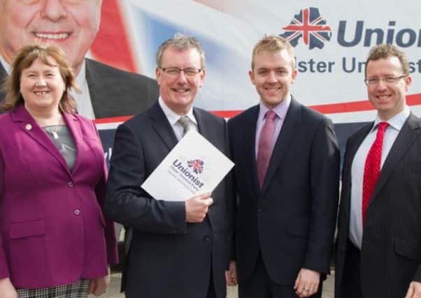 Ulster Unionist candidates Maureen Morrow, Mark McKinty and Andy Wilson launch the Party's local election manifesto. Also pictured is Party leader Mike Nesbitt. INLT 20-691-CON