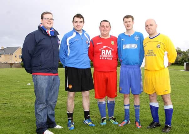 Charlie Connor, David McKeegan, Ryan Moorehead, Matthew Witherow and Craig Moore pictured at the Limavady Bands Charity football tournament and fun day. INLV1914-230KDR