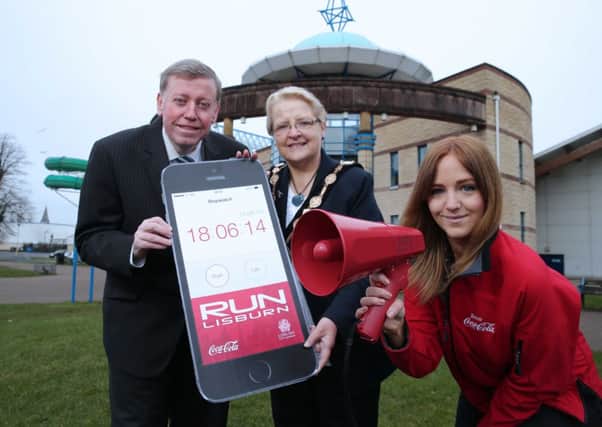 A final call for runners in the Lisburn Half Marathon is made by Alderman Paul Porter, Chairman of the Council's Leisure Services Commitee; the Mayor of Lisubrn, Councillor Margaret Tolerton and Miss Nicci Gregg, Community Investment Manager, Coca-Cola HBCNI.