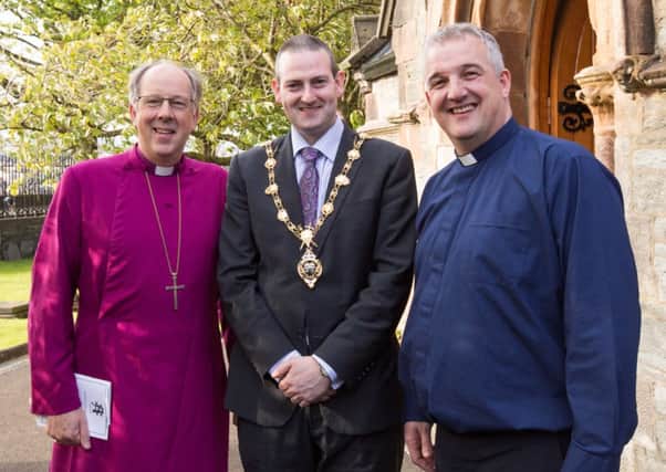 Rev. Malcolm Ferry, right, pictured with the Mayor, Councillor Martin Reilly, and the Rt Rev Ken Good, Bishop of Derry and Raphoe, at his service of Institution as Incumbent of St. Augustine's Church on Wednesday evening.