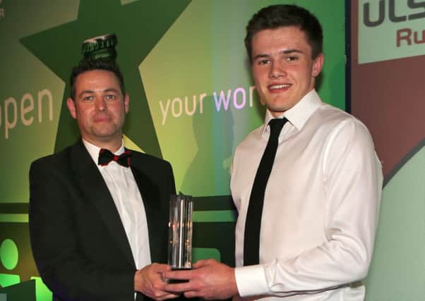 Chris Marshall from Danske Bank presents Jacob Stockdale, from Wallace High School with the Danske Bank Schools Player of the Season Award at the Ulster Rugby Awards Dinner at the Europa hotel Belfast. Photo by John Dickson - DICKSONDIGITAL